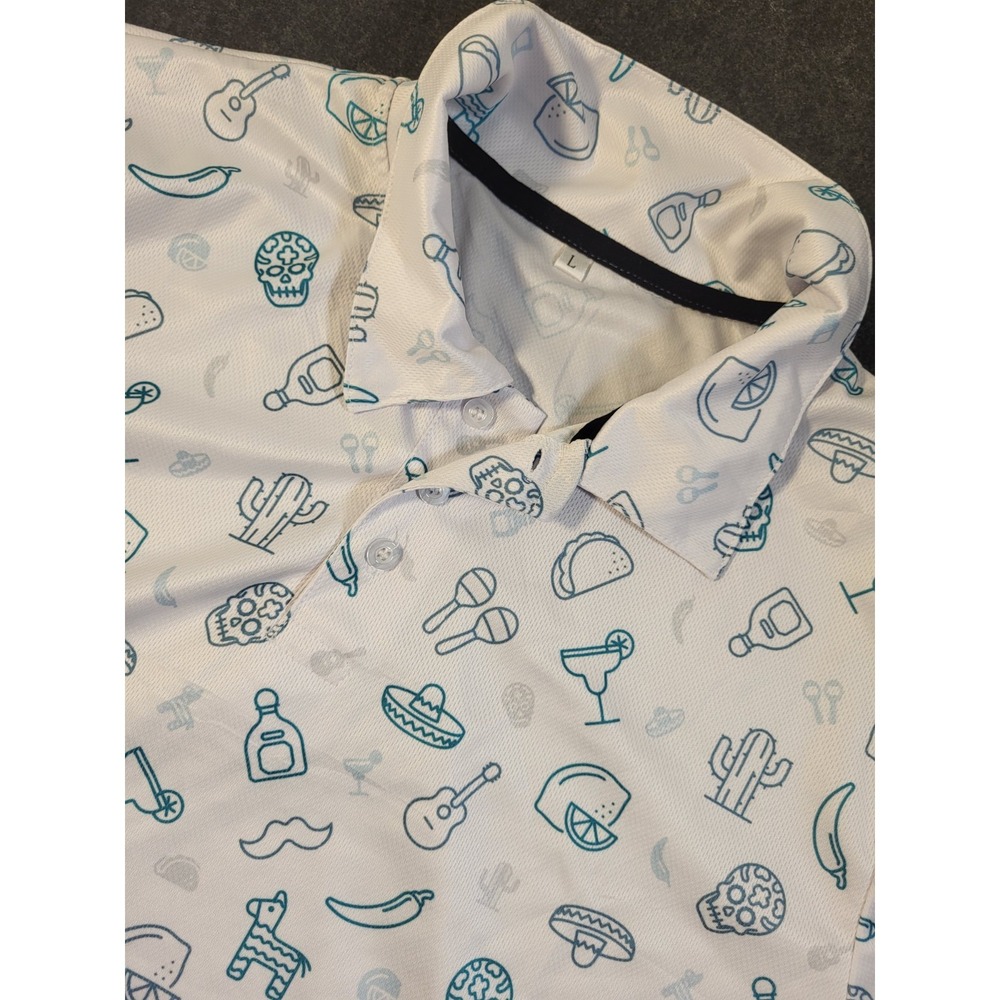 Hivichi Golf Polo Taco Tuesday AOP Tequila Men's Large White Blue Print